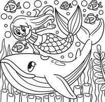 desenho de sereia com baleia para colorir para crianças vetor