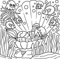 desenho de sereia dormindo em uma concha para colorir para crianças vetor