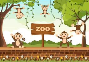 ilustração dos desenhos animados do zoológico com macaco de animais de safári, gaiola e visitantes no território no design de fundo da floresta vetor