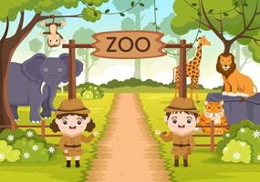 ilustração dos desenhos animados do zoológico com animais de safári elefante, girafa, leão, macaco, panda, zebra e visitantes no território no fundo da floresta vetor