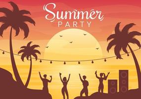 ilustração de fundo de desenhos animados de festa de verão com plantas tropicais, equipamentos na praia para design de cartaz ou cartão de felicitações vetor