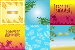 conjunto de modelos de design vetorial abstrato de verão, com palmeiras, cocos, silhuetas, coloridas