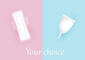 composição de higiene feminina. escolha entre coletor menstrual e absorventes. proteção para meninas em dias críticos. Ilustração em vetor 3D realista de higiene da mulher.