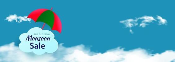 cabeçalho de modelo de banner de oferta de venda de monção com nuvens realistas e guarda-chuva colorido sobre fundo azul. vetor