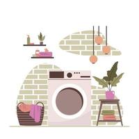 limpar banheiro decoração lavanderia máquina de lavar casa interior design plano vetor