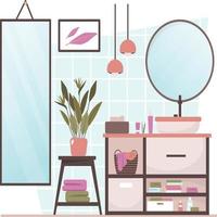 armário de pia de espelho de decoração de banheiro limpo casa design plano interior vetor