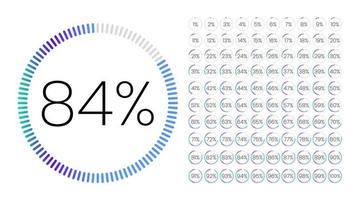 conjunto de medidores de porcentagem de círculo de gradiente de 0 a 100 para infográfico, interface do usuário de design de interface do usuário. gráfico de pizza colorido baixando o progresso de roxo para branco em fundo branco. diagrama de círculo. vetor