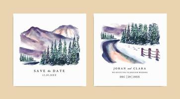 conjunto de convite de casamento de paisagem de inverno com aquarela de montanhas e pinheiros vetor