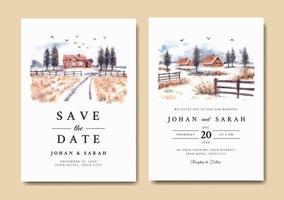 conjunto de convite de casamento de paisagem de inverno com aquarela de casa e pinheiros vetor