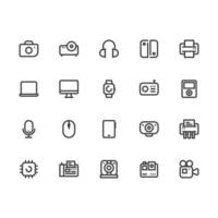 conjunto simples de ícones de linha vetorial relacionados a dispositivos e hardware. contém ícones como câmera ou impressora, smartphone, computador e muito mais. traço editável