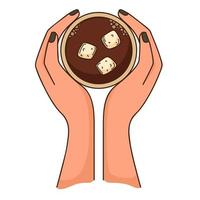 uma xícara de café com marshmallows nas mãos de uma mulher. vista do topo. elemento de design com contorno. rabisco, desenhado à mão. projeto plano. ilustração vetorial de cor. Isolado em um fundo branco.