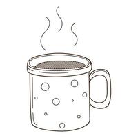 uma xícara de chá quente ou café, cacau. uma bebida quente e revigorante matinal. elemento de design com contorno. rabisco, desenhado à mão. ilustração em vetor preto branco. Isolado em um fundo branco