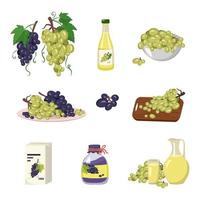 conjunto de ícones de uvas e produtos. cachos de frutas maduras com folha e videira, suco saudável em garrafa, jarro ou vidro, geléia em pote de frutas maduras, produto a bordo e prato. ilustração vetorial plana vetor