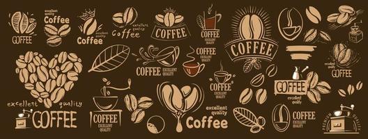 grande conjunto vetorial de logotipos desenhados e elementos de café vetor