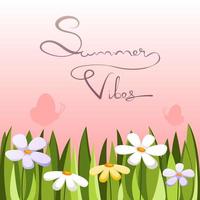 grama verde com flores e borboletas no pôr do sol de fundo. ilustração vetorial de vibrações de verão. vetor