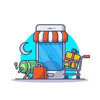 ilustração de ícone de vetor dos desenhos animados de compras on-line de venda ramadã. conceito de ícone de finanças de negócios isolado vetor premium. estilo de desenho animado plano