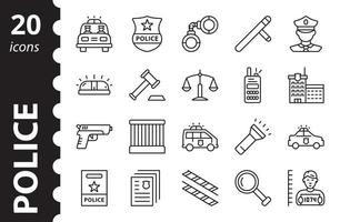 conjunto de ícones da polícia. símbolos lineares de lei e justiça. ilustração vetorial. vetor