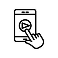 ícone de vetor de mão com botão mobile e play. música, instrumento, tom, tela sensível ao toque. estilo de ícone de linha. ilustração de design simples editável