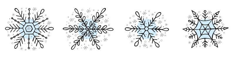 um conjunto de flocos de neve desenhados à mão. ilustração vetorial em estilo doodle. clima de inverno. olá 2023. feliz natal e feliz ano novo. elementos pretos e azuis claros em um fundo branco. vetor