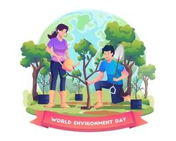 as pessoas plantam e cuidam de árvores para proteção ambiental e cuidados com a natureza no dia mundial do meio ambiente. ilustração vetorial de estilo simples vetor