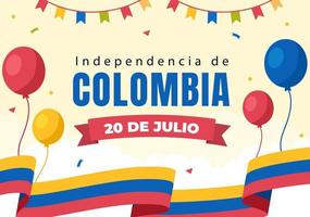 20 de julio independencia de colombia cartoon ilustração com bandeiras e balões para design de estilo de pôster vetor