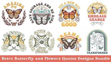 pacote de design de camiseta de borboleta retrô, pacote de design de flores silvestres retrô, conjunto de borboleta vetor