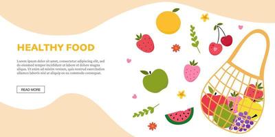 banner moderno com saco de tartaruga cheio de frutas. design de banner web de compras de supermercado orgânico para loja, mercado on-line, ilustração vetorial plana de entrega em domicílio. fundo horizontal. cartaz de frutas vetor