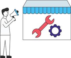 o menino está fazendo marketing com um megafone. vetor
