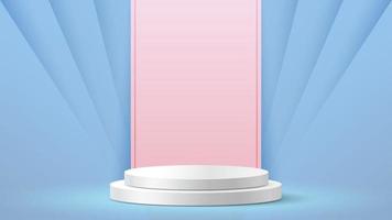 pódio branco com quarto vazio azul e rosa. cena mínima do quarto pastel. espaço vazio para apresentação de exibição do produto. ilustração em vetor 3D.