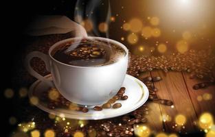 xícara de café quente com conceito de grãos de café vetor