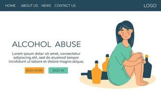 modelo web abuso de álcool e problema de depressão da fêmea. problema social do alcoolismo da mulher. vetor