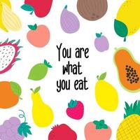 personagens engraçados bonitos isolados. motivação do slogan vegano. você é o que você come. plantas frutíferas. estilo de vida saudável. vetor
