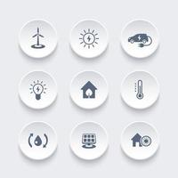 casa ecológica verde, ícones de tecnologias de economia de energia em formas 3d redondas, ilustração vetorial vetor