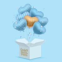 Ilustração 3D de uma festa de revelação de gênero usando uma caixa branca cheia de balões azuis e letras que é um menino. design realista de vetores