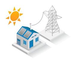 ilustração do conceito de design isométrico. construção de casas com energia elétrica e painéis solares vetor