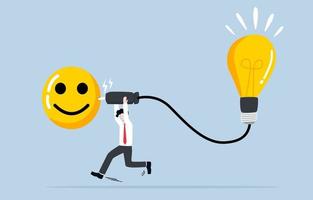 energia positiva produz pensamento criativo ou ideia inovadora, inteligência emocional traz a melhor solução para resolver o conceito de problema de trabalho. empresário correndo para carregar a ideia da lâmpada com cara de feliz. vetor