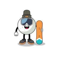 desenho de mascote do jogador de snowboard de bola de arroz vetor