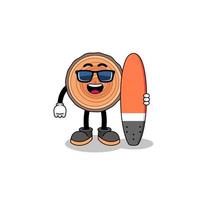 desenho de mascote de tronco de madeira como surfista vetor