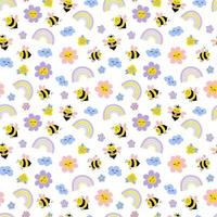padrão sem emenda de abelha. lindas abelhas desenhadas à mão, flores, nuvens, arco-íris, sol. vetor