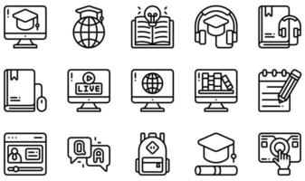 conjunto de ícones vetoriais relacionados ao aprendizado online. contém ícones como livro de áudio, curso de áudio, mochila, certificação, biblioteca digital, ebook e muito mais. vetor