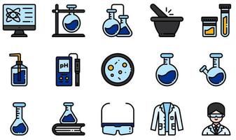 conjunto de ícones vetoriais relacionados ao laboratório de química. contém ícones como tubo de ensaio, química, amostra de urina, medidor de ph, frasco, jaleco e muito mais. vetor