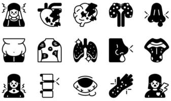 conjunto de ícones vetoriais relacionados a doenças. contém ícones como refluxo gástrico, glossite, dor de cabeça, doenças cardíacas, obesidade, hordéolo e muito mais. vetor