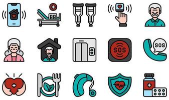 conjunto de ícones vetoriais relacionados ao lar de idosos. contém ícones como aplicativo, cama, muletas, oxímetro de pulso, idoso, chamada de emergência e muito mais.