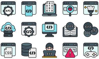 conjunto de ícones vetoriais relacionados à codificação. contém ícones como api, bug, código limpo, servidor em nuvem, codificação, banco de dados e muito mais.