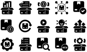 conjunto de ícones vetoriais relacionados ao gerenciamento de produtos. contém ícones como backlog, fluxo de caixa, canal, custo, demonstração, desenvolvimento e muito mais. vetor