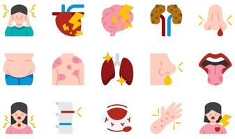conjunto de ícones vetoriais relacionados a doenças. contém ícones como refluxo gástrico, glossite, dor de cabeça, doenças cardíacas, obesidade, hordéolo e muito mais. vetor