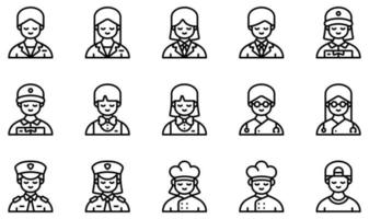 conjunto de ícones vetoriais relacionados a avatares. contém ícones como recepção, mulher de negócios, barman, médico, polícia, chef e muito mais. vetor