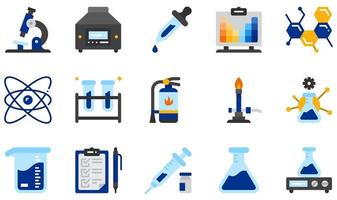 conjunto de ícones vetoriais relacionados ao laboratório de química. contém ícones como microscópio, centrífuga, conta-gotas, molecular, átomo, copo e muito mais. vetor