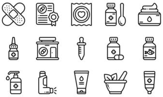 conjunto de ícones vetoriais relacionados à farmácia. contém ícones como band-aid, tosse, creme, farmácia, óleo de peixe, inalador e muito mais.