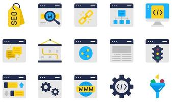 conjunto de ícones vetoriais relacionados a seo e marketing. contém ícones como tag seo, palavras-chave, mapa do site, feedback, tráfego, classificação e muito mais. vetor